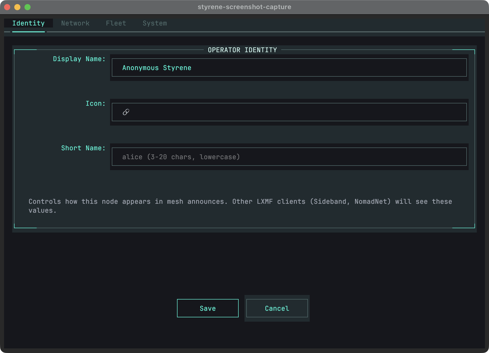 Settings screen showing operator identity configuration